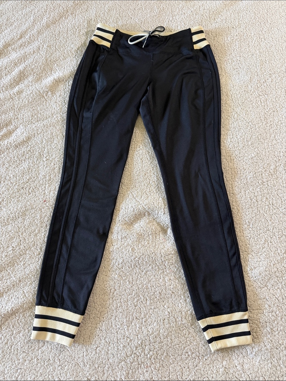 Athleta Black Leggings with Cream Stripe Cuffs Small